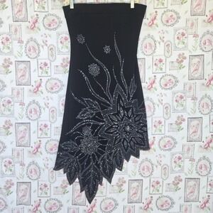 VTG Y2k Lipstick Black Strapless Dress Beaded Floral Asymmetrical Hem Fairy L